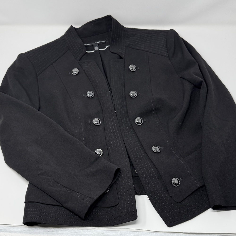 White House Black Market Black Double-Breasted Blazer with hook and eye closure